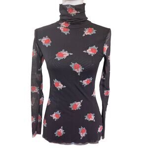 GANNI Floral Black Mesh Long Sleeve Top Size 34/XS